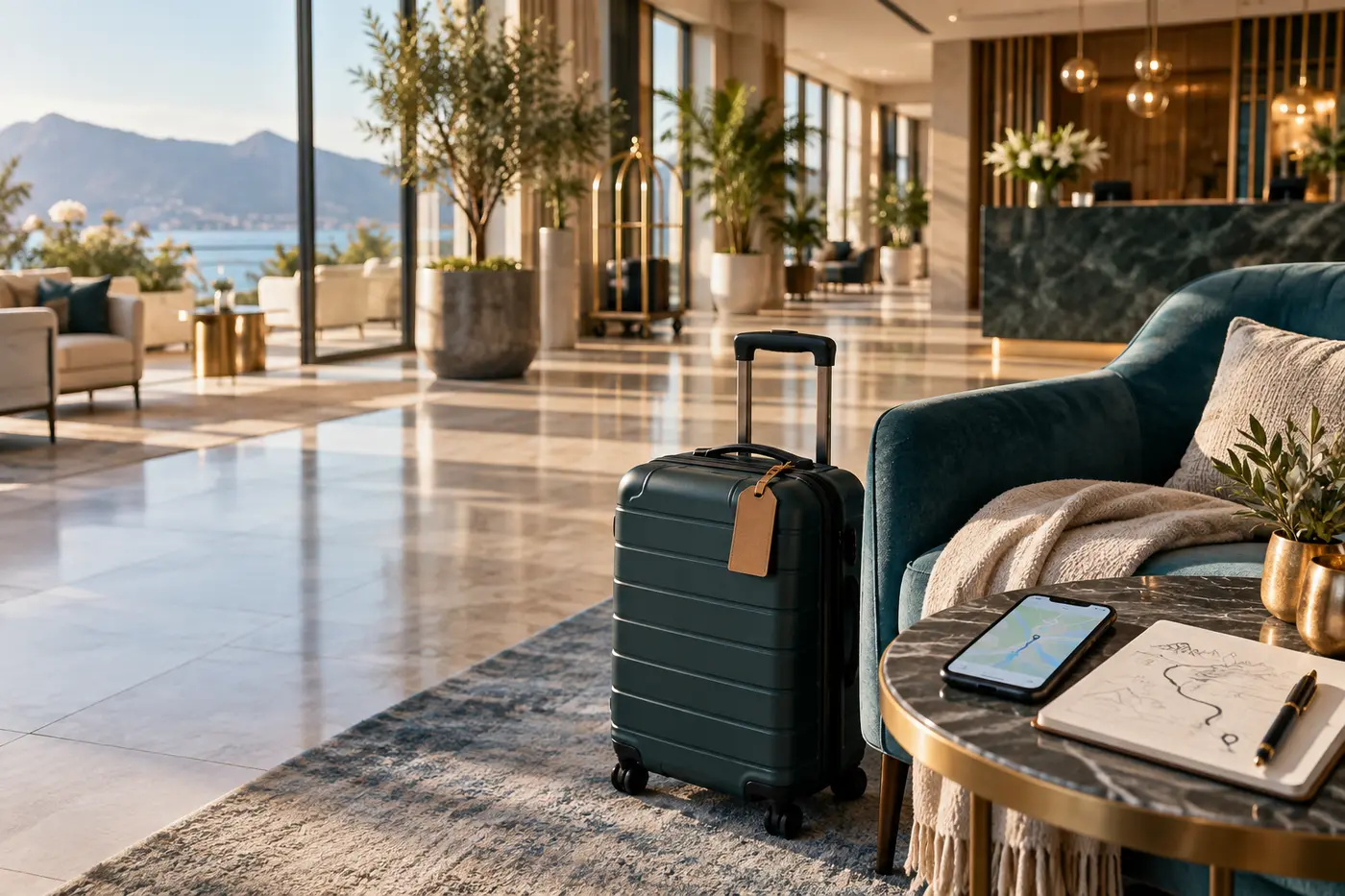 Koffer und Reiseplanung in einer modernen Hotellobby